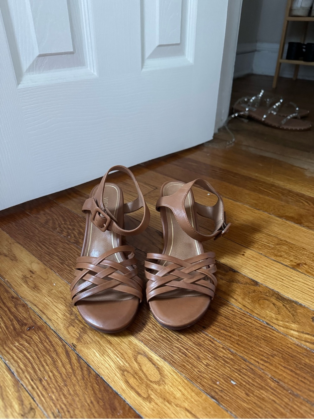 Vionic Tan Woven Ankle-Strap Heels